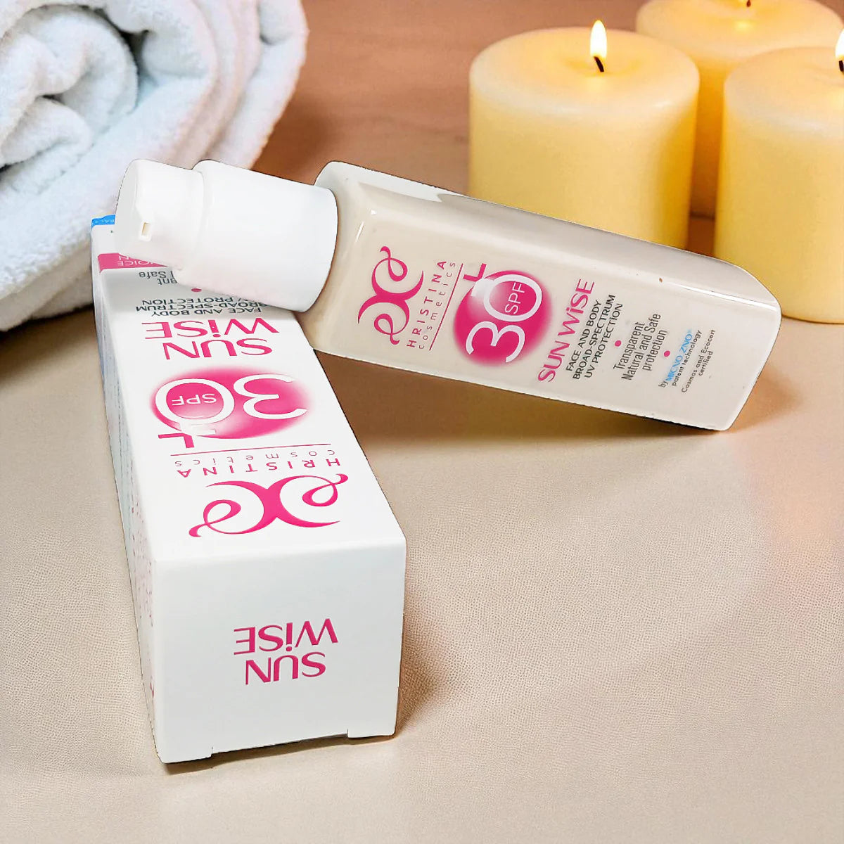 Sun Wise SPF 30 voor gezicht en lichaam met breedspectrum UV-bescherming.