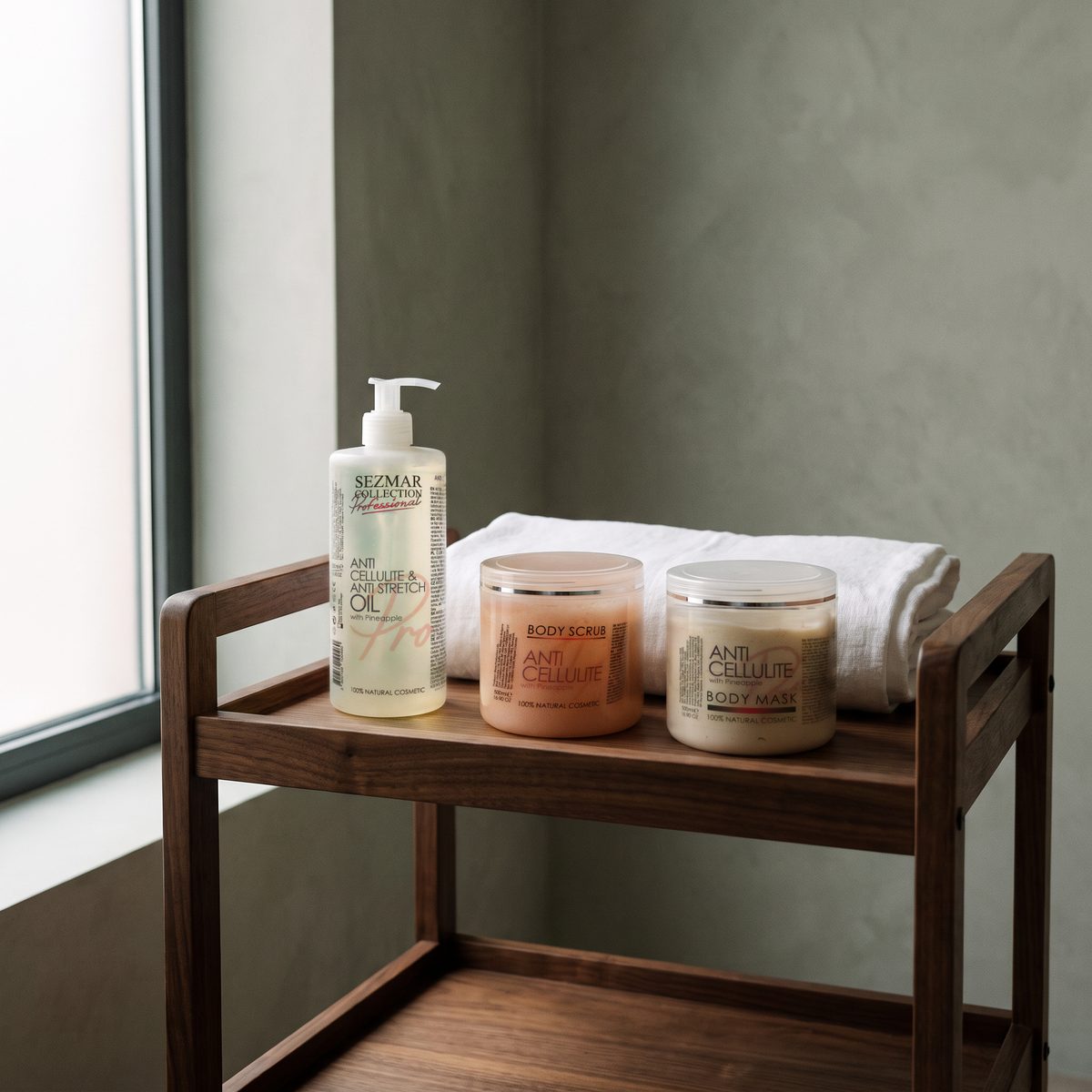Anti Cellulite oil, Body Scrub and Body Mask with Pineapple 500 ml on a wooden trolley