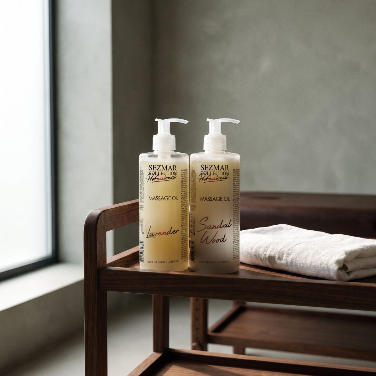 Lavender and Sandal Wood massage oils 500 ml on a wooden trolley